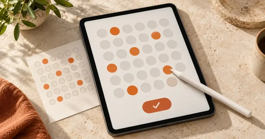 Tabletin loton valintaruudukko, kosketuskynä ja paperinen pelikuponki havainnollistavat lottorivin tekemistä netissä.