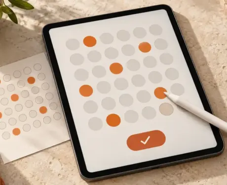 Tabletin loton valintaruudukko, kosketuskynä ja paperinen pelikuponki havainnollistavat lottorivin tekemistä netissä.