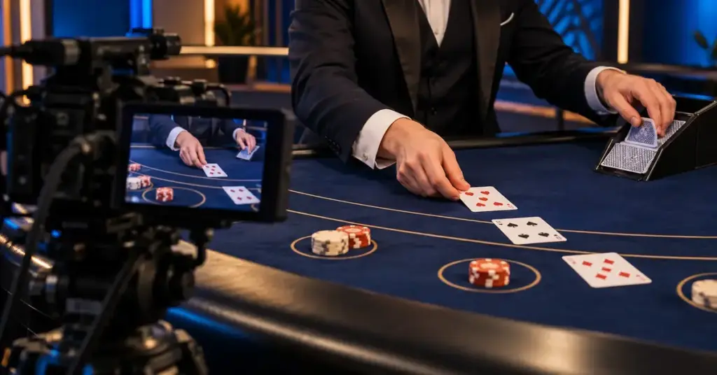 Kamera kuvaa jakajan korttien jakoa live-kasinon blackjack-pöydässä, ja sama pelitilanne näkyy kameran näytöllä.