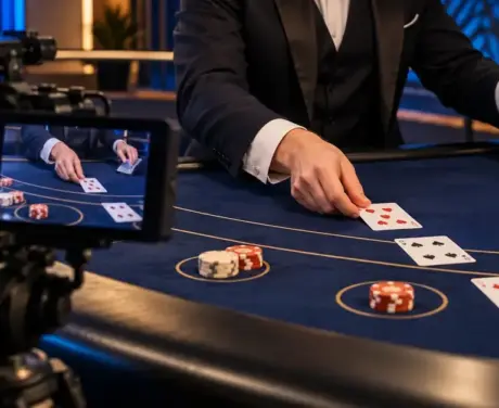 Kamera kuvaa jakajan korttien jakoa live-kasinon blackjack-pöydässä, ja sama pelitilanne näkyy kameran näytöllä.